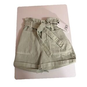 NEW Zara Paperbag Tie Women's Shorts Sage Green 100% Cotton Mom Shorts US 2 NWT